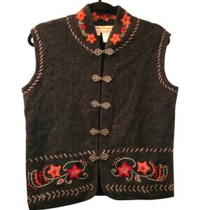 Norm Thompson Womens Black Wool Sweater  Vest Floral Embroidered Silver Clasp M